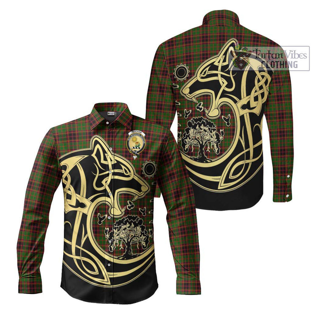 Buchan Tartan Long Sleeve Button Shirt with Family Crest Celtic Wolf Style Men's Shirt S - Tartan Vibes Clothing