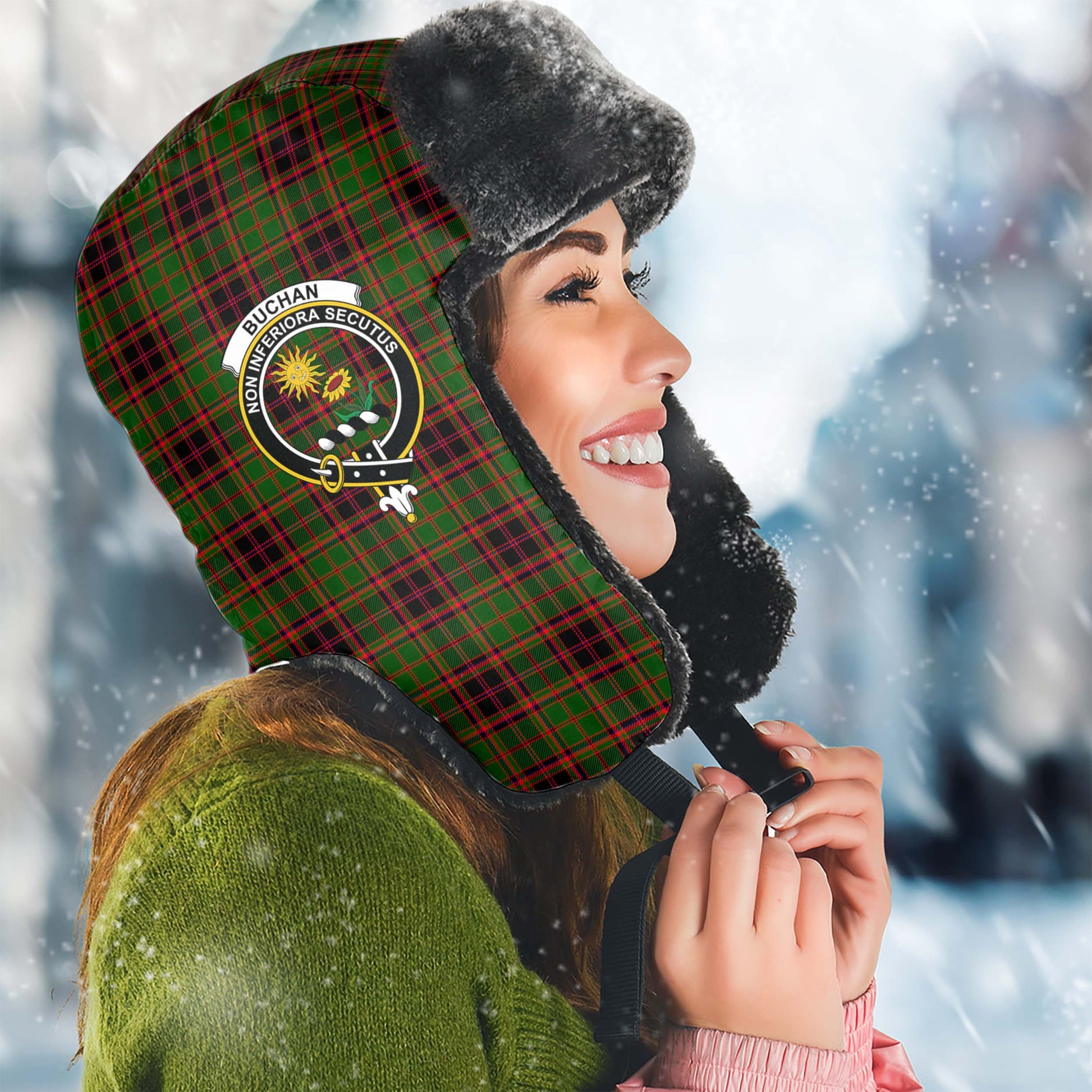 Buchan Modern Tartan Winter Trapper Hat with Family Crest Winter Trapper Hat Universal Fit Circumference 22.8in (58cm) - Tartanvibesclothing