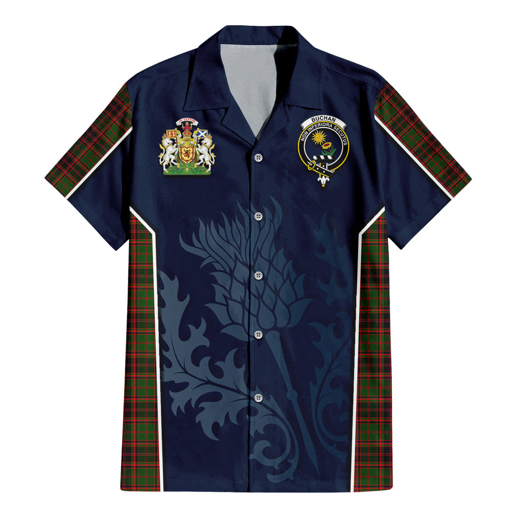 Tartan Vibes Clothing Buchan Modern Tartan Short Sleeve Button Up Shirt with Family Crest and Scottish Thistle Vibes Sport Style