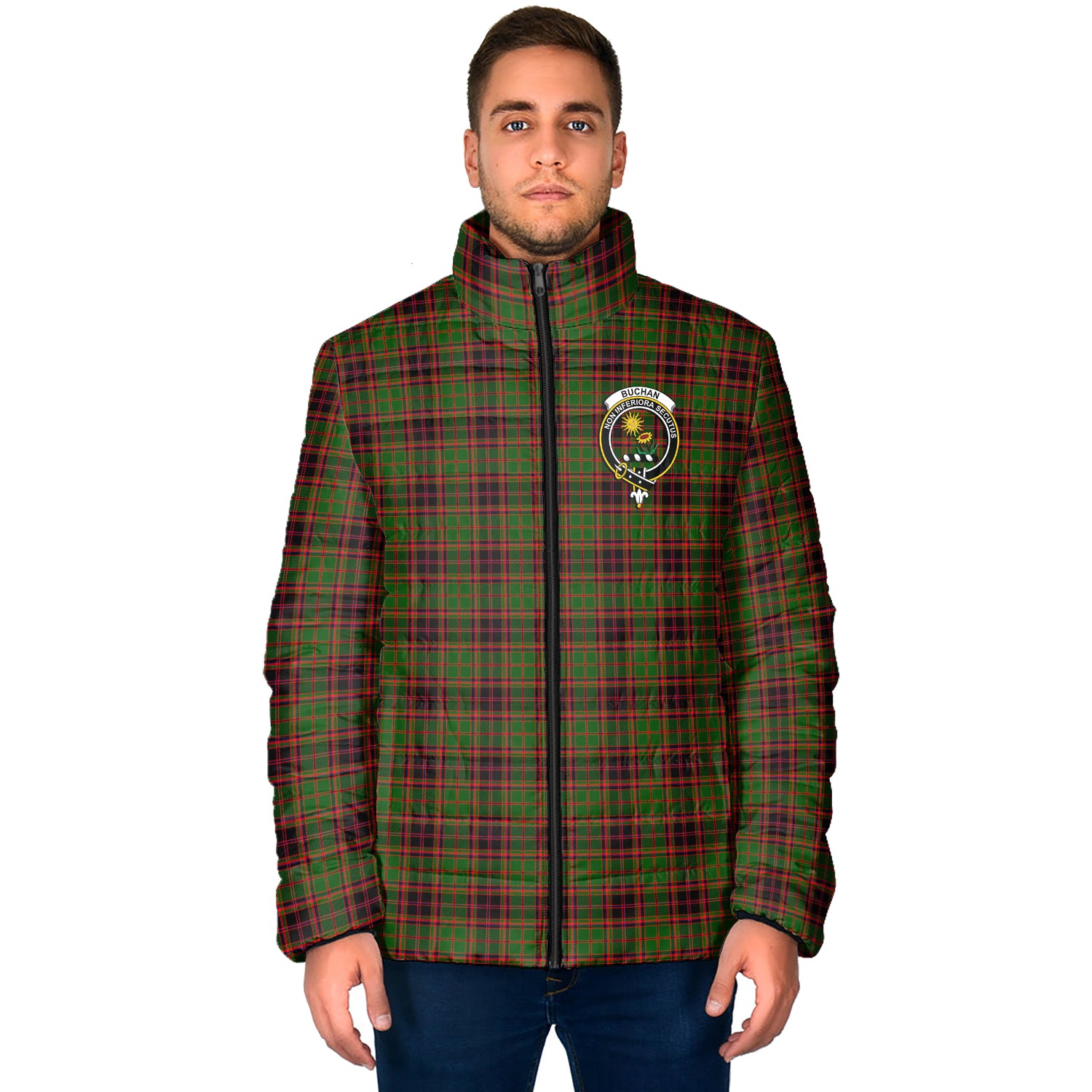 Buchan Tartan Padded Jacket with Family Crest - Tartan Vibes Clothing