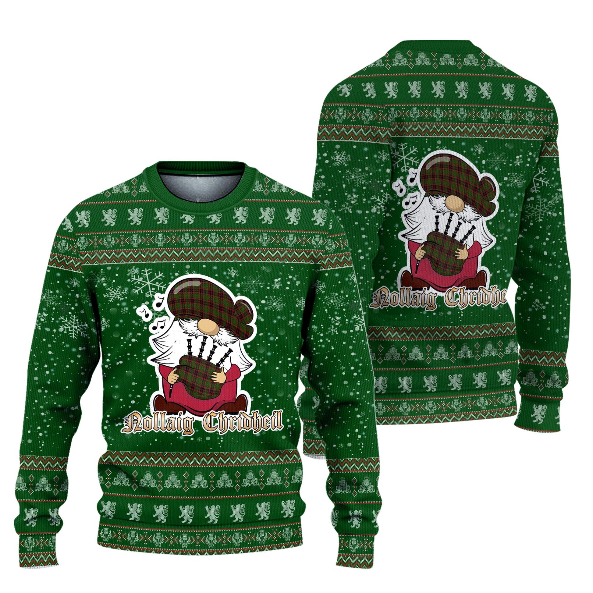 Buchan Modern Clan Christmas Family Knitted Sweater with Funny Gnome Playing Bagpipes Unisex Green - Tartanvibesclothing