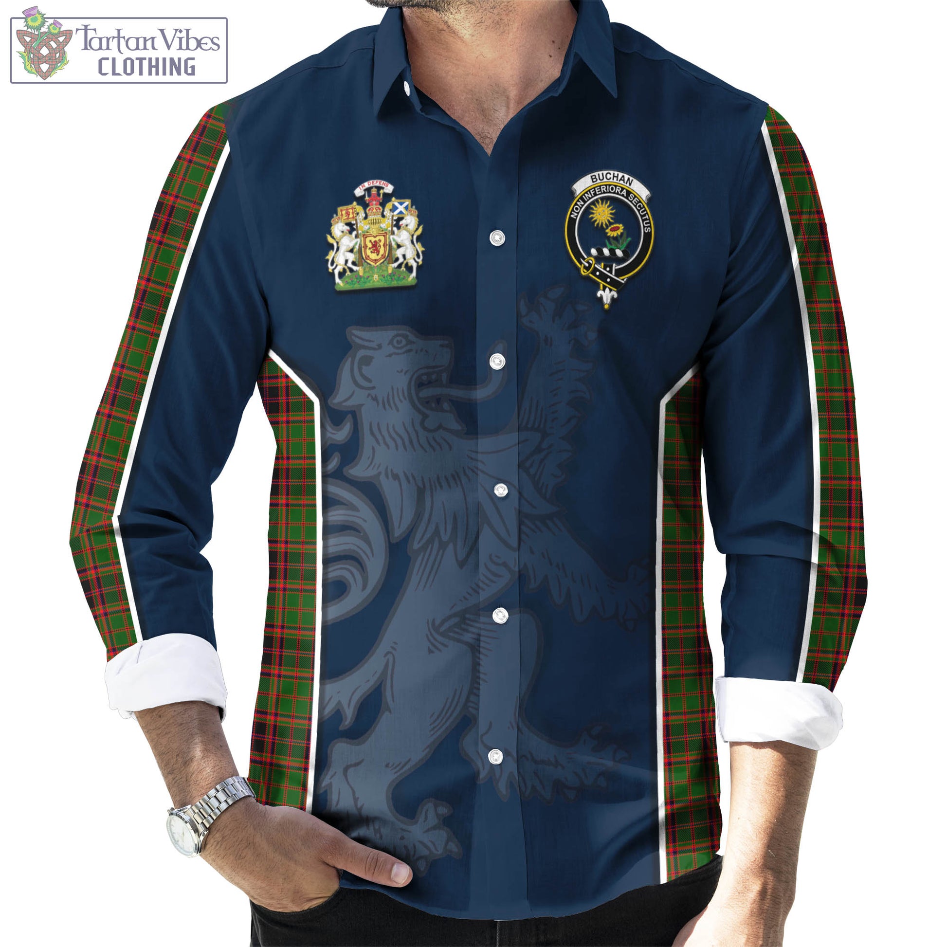 Tartan Vibes Clothing Buchan Modern Tartan Long Sleeve Button Up Shirt with Family Crest and Lion Rampant Vibes Sport Style