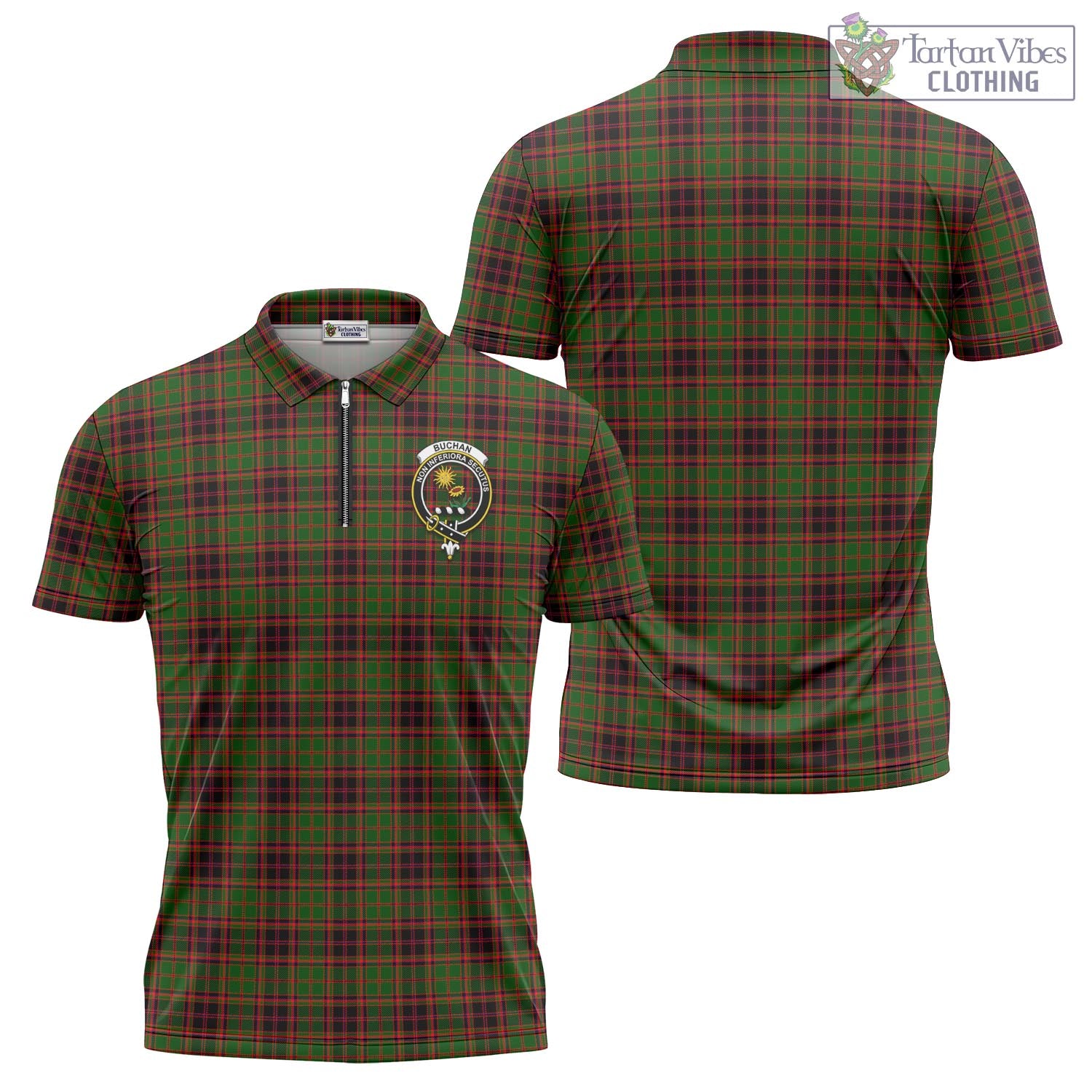 Tartan Vibes Clothing Buchan Modern Tartan Zipper Polo Shirt with Family Crest