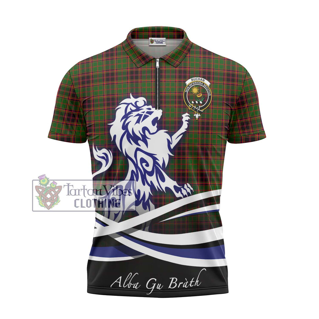 Buchan Tartan Zipper Polo Shirt with Alba Gu Brath Regal Lion Emblem - Tartanvibesclothing Shop