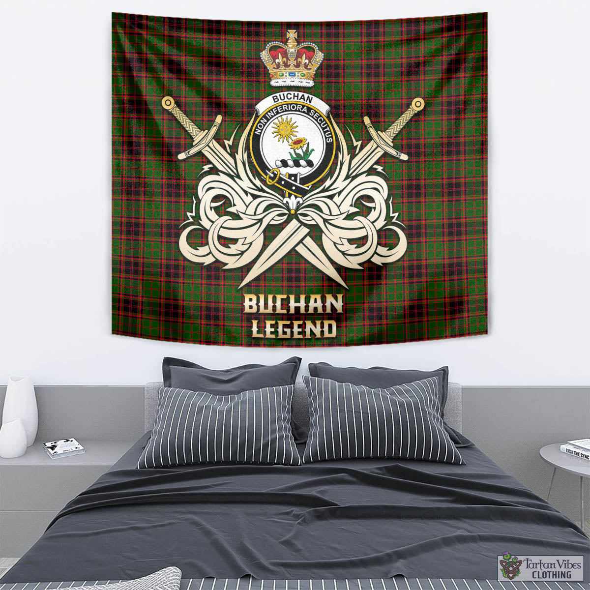 Tartan Vibes Clothing Buchan Modern Tartan Tapestry with Clan Crest and the Golden Sword of Courageous Legacy