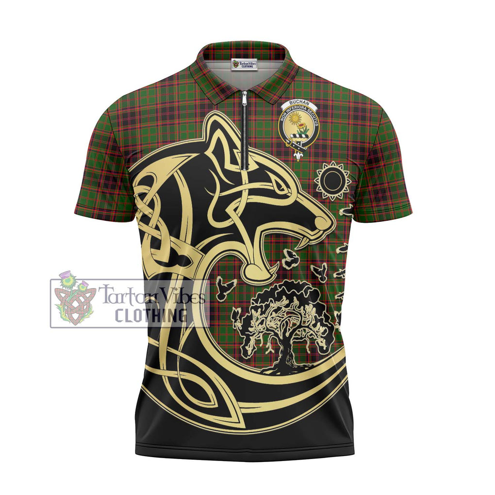 Buchan Tartan Zipper Polo Shirt with Family Crest Celtic Wolf Style - Tartanvibesclothing Shop