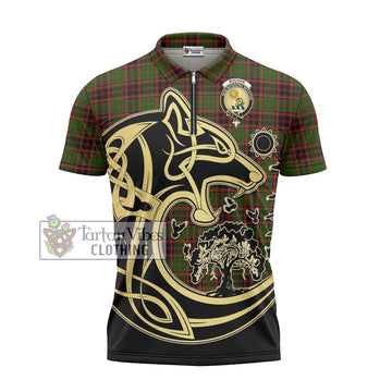 Buchan Tartan Zipper Polo Shirt with Family Crest Celtic Wolf Style