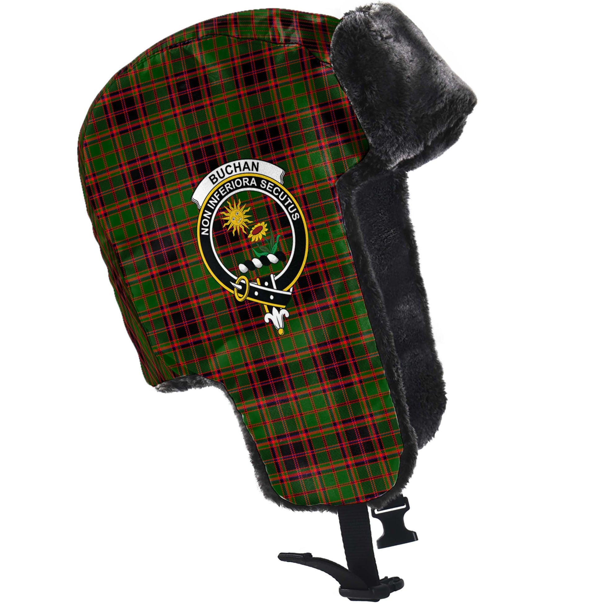 Buchan Modern Tartan Winter Trapper Hat with Family Crest - Tartanvibesclothing