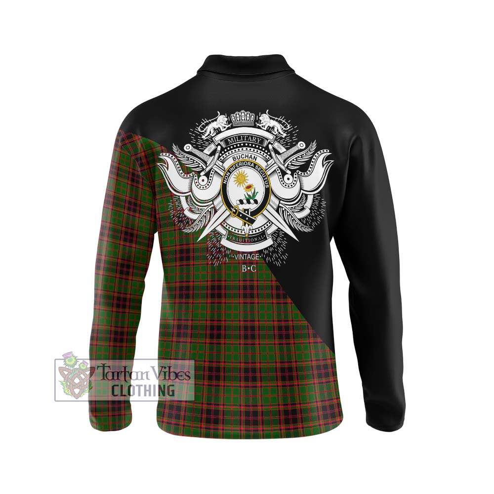 Buchan Tartan Long Sleeve Polo Shirt with Family Crest and Military Logo Style - Tartanvibesclothing Shop