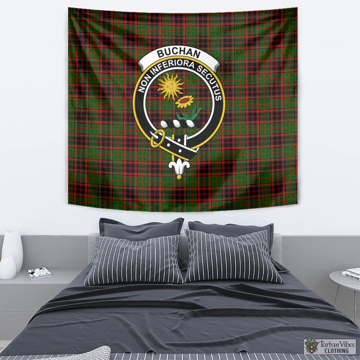 Tartan Vibes Clothing Buchan Modern Tartan Tapestry Wall Hanging and Home Decor for Room with Family Crest