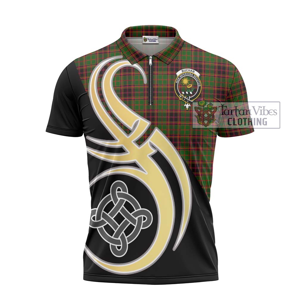 Tartan Vibes Clothing Buchan Modern Tartan Zipper Polo Shirt with Family Crest and Celtic Symbol Style