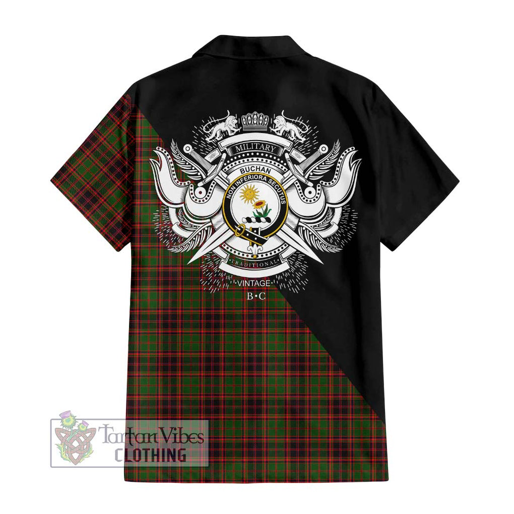 Buchan Tartan Short Sleeve Button Shirt with Family Crest and Military Logo Style - Tartanvibesclothing Shop