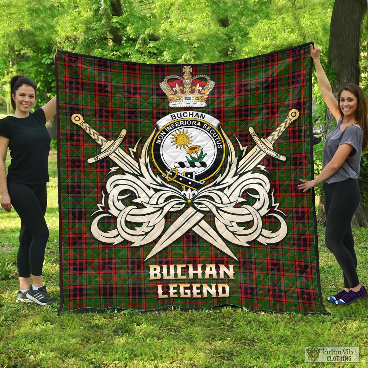 Tartan Vibes Clothing Buchan Modern Tartan Quilt with Clan Crest and the Golden Sword of Courageous Legacy