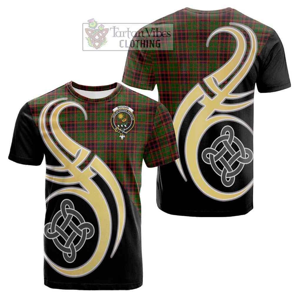 Tartan Vibes Clothing Buchan Modern Tartan Cotton T-shirt with Family Crest and Celtic Symbol Style