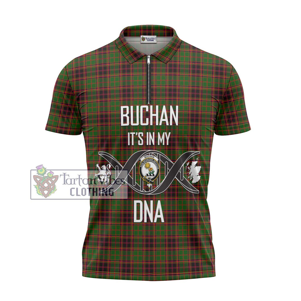 Buchan Tartan Zipper Polo Shirt with Family Crest DNA In Me Style - Tartanvibesclothing Shop