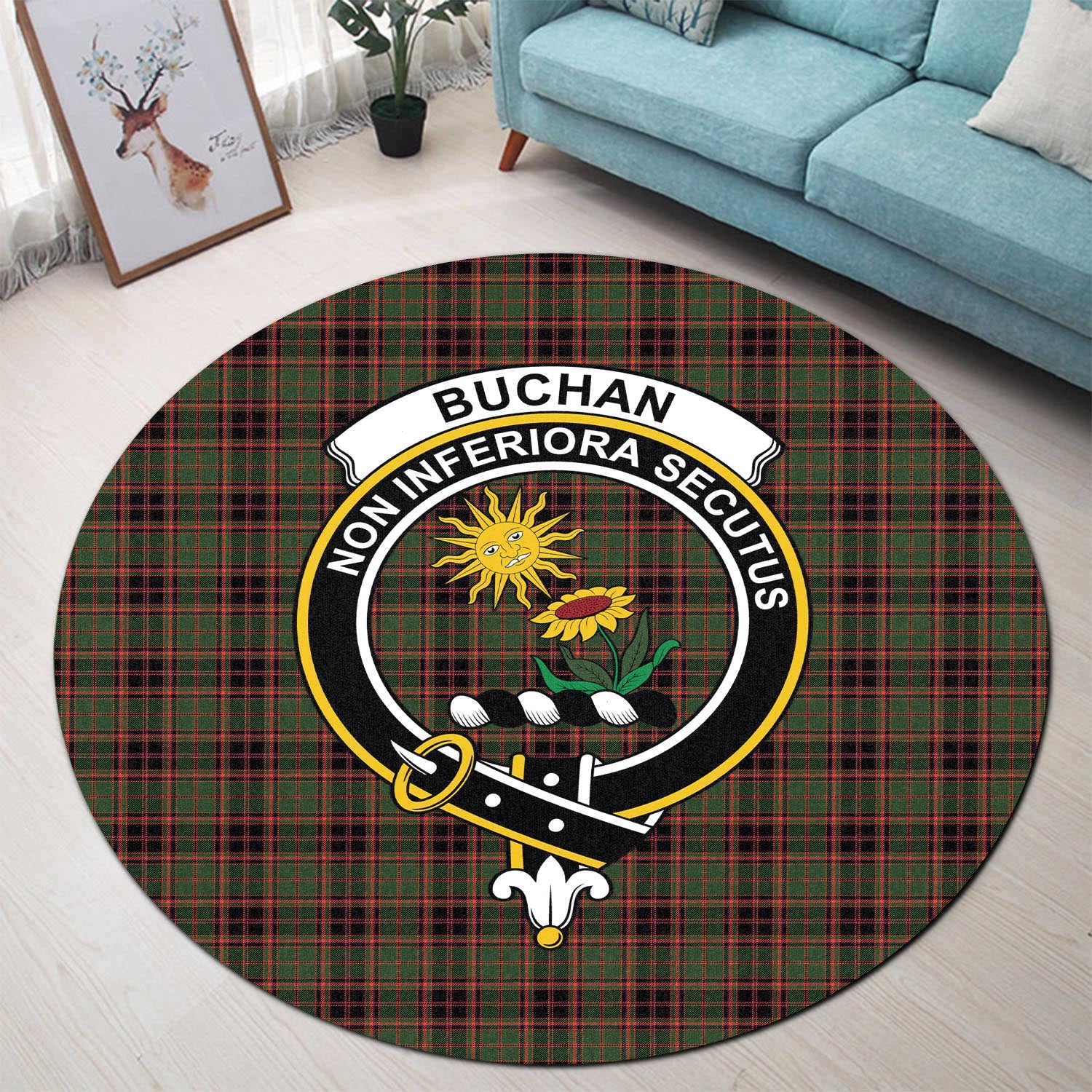 Buchan Modern Tartan Round Rug with Family Crest - Tartanvibesclothing