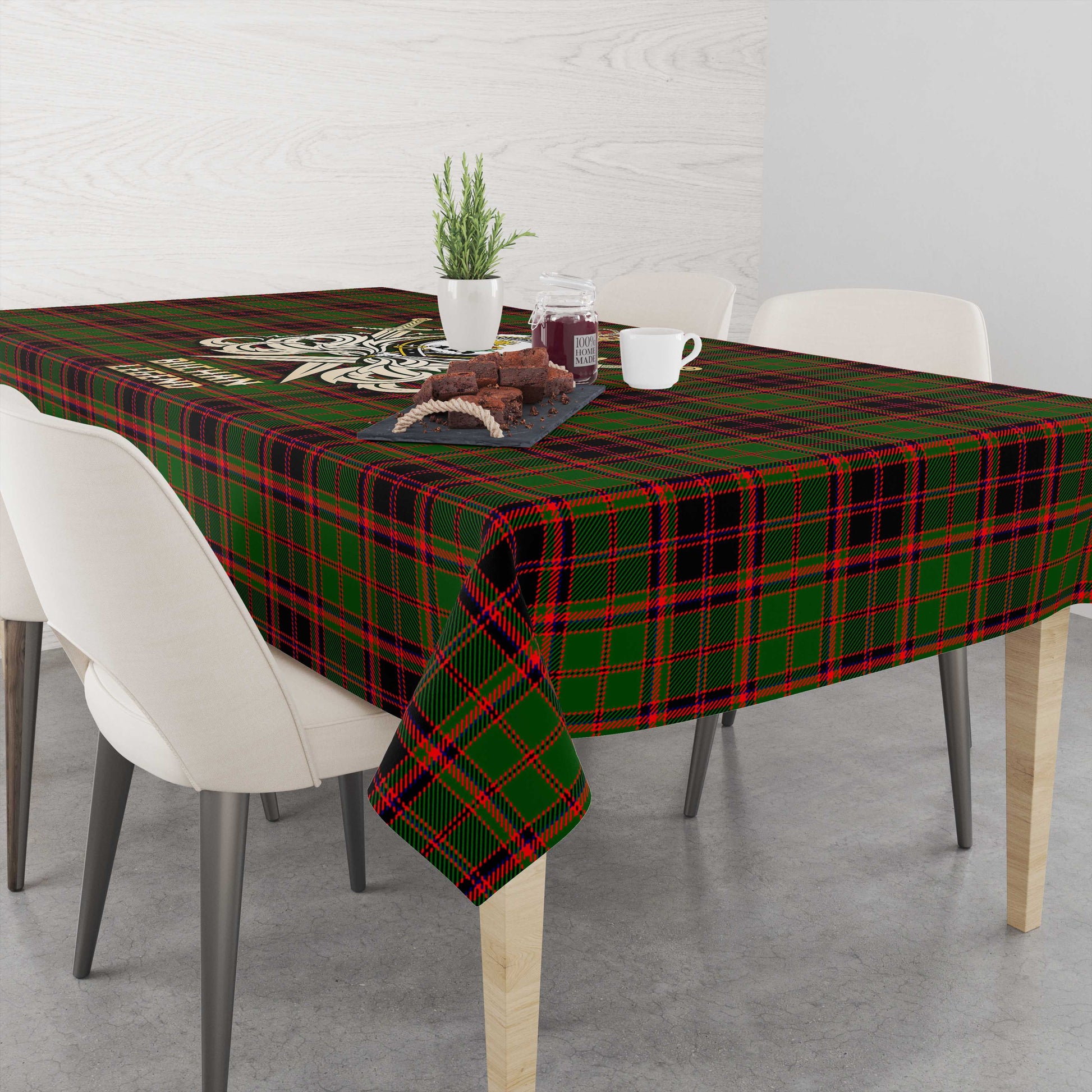 Tartan Vibes Clothing Buchan Modern Tartan Tablecloth with Clan Crest and the Golden Sword of Courageous Legacy