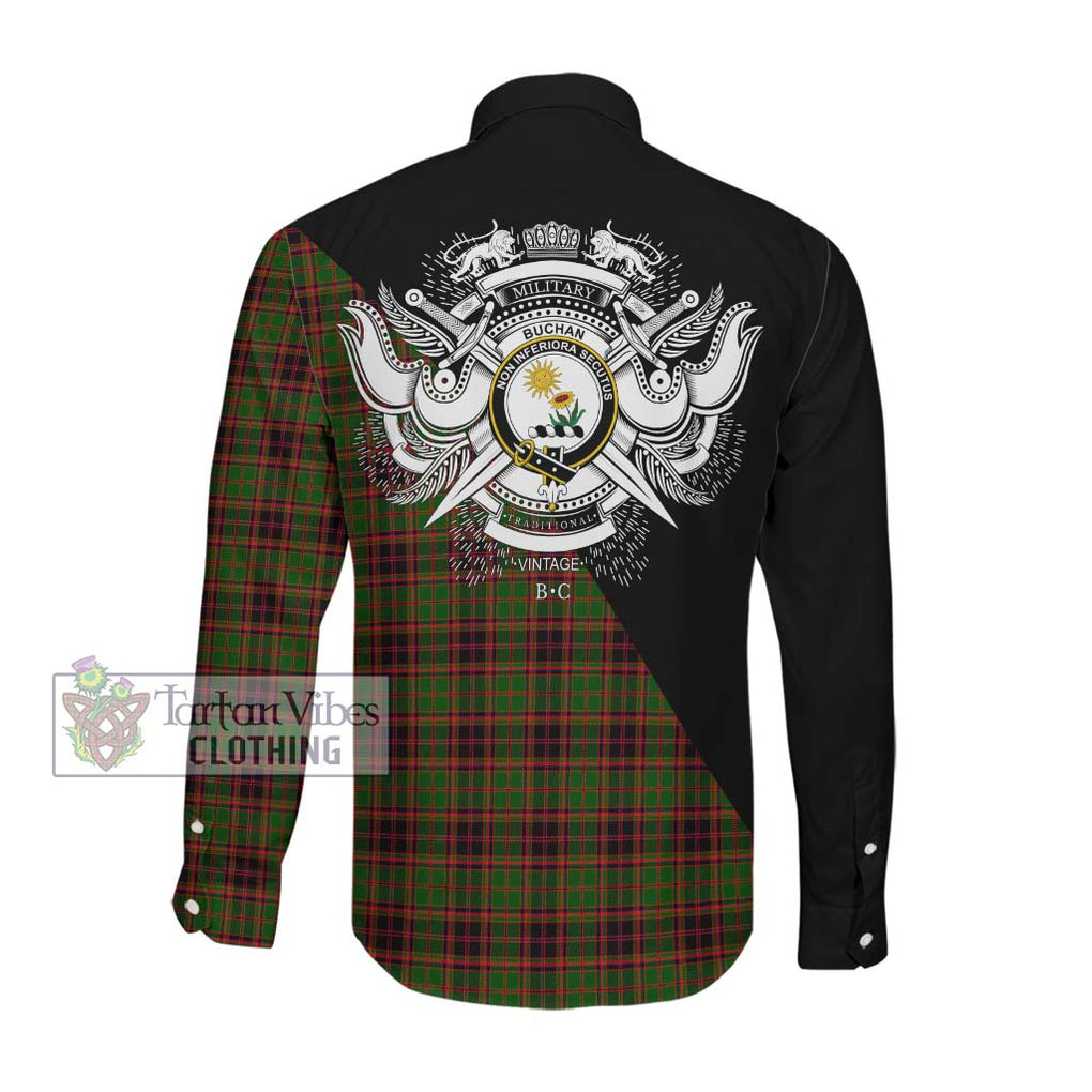 Buchan Tartan Long Sleeve Button Shirt with Family Crest and Military Logo Style Men's Shirt - Tartanvibesclothing Shop