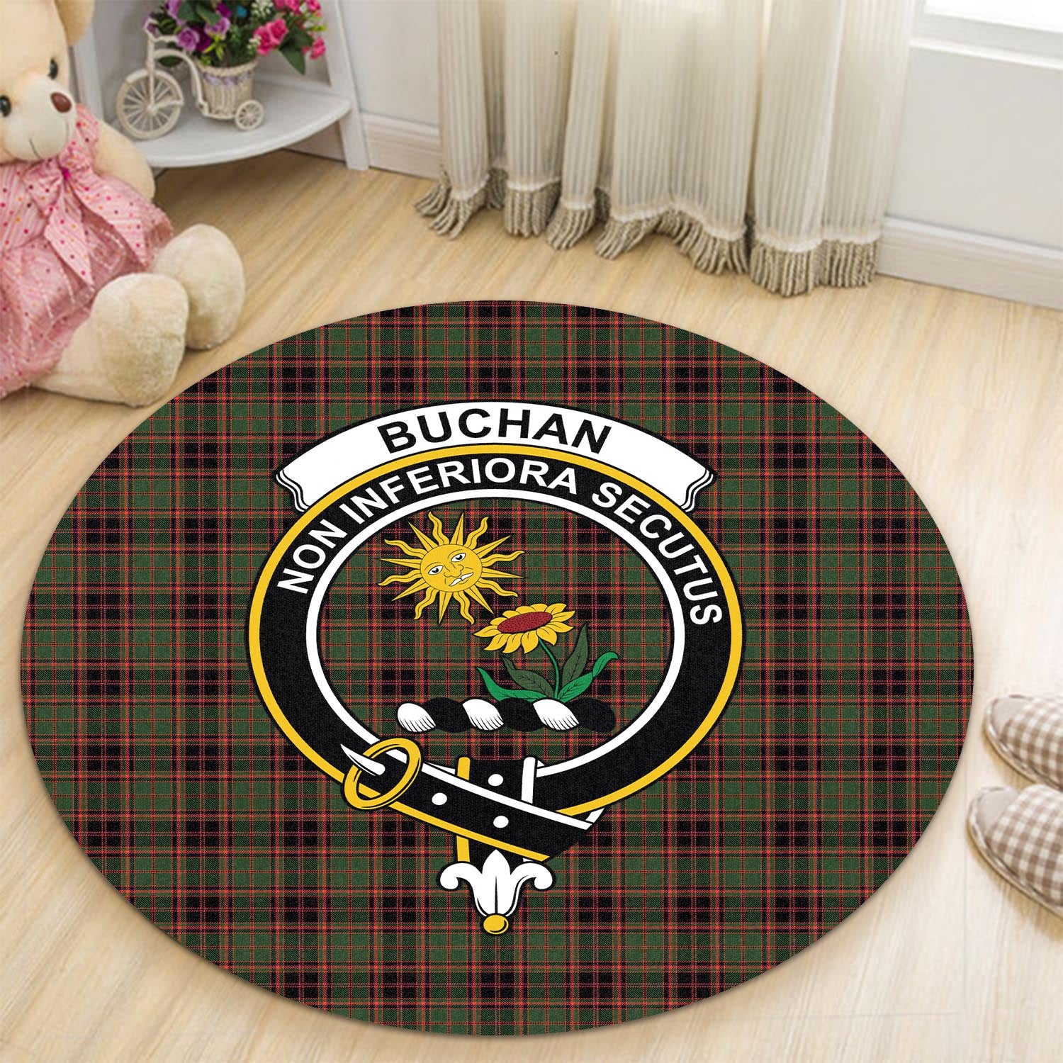 Buchan Modern Tartan Round Rug with Family Crest - Tartanvibesclothing