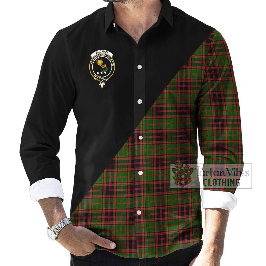 Buchan Tartan Long Sleeve Button Shirt with Family Crest and Military Logo Style - Tartanvibesclothing Shop