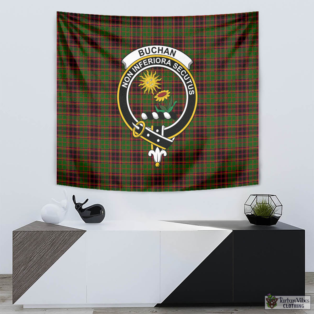 Tartan Vibes Clothing Buchan Modern Tartan Tapestry Wall Hanging and Home Decor for Room with Family Crest