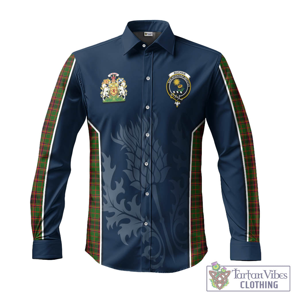 Tartan Vibes Clothing Buchan Modern Tartan Long Sleeve Button Up Shirt with Family Crest and Scottish Thistle Vibes Sport Style