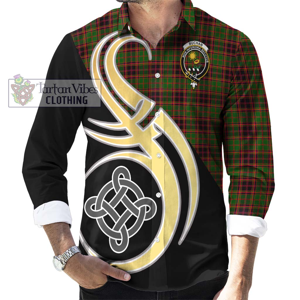 Buchan Tartan Long Sleeve Button Shirt with Family Crest and Celtic Symbol Style - Tartan Vibes Clothing