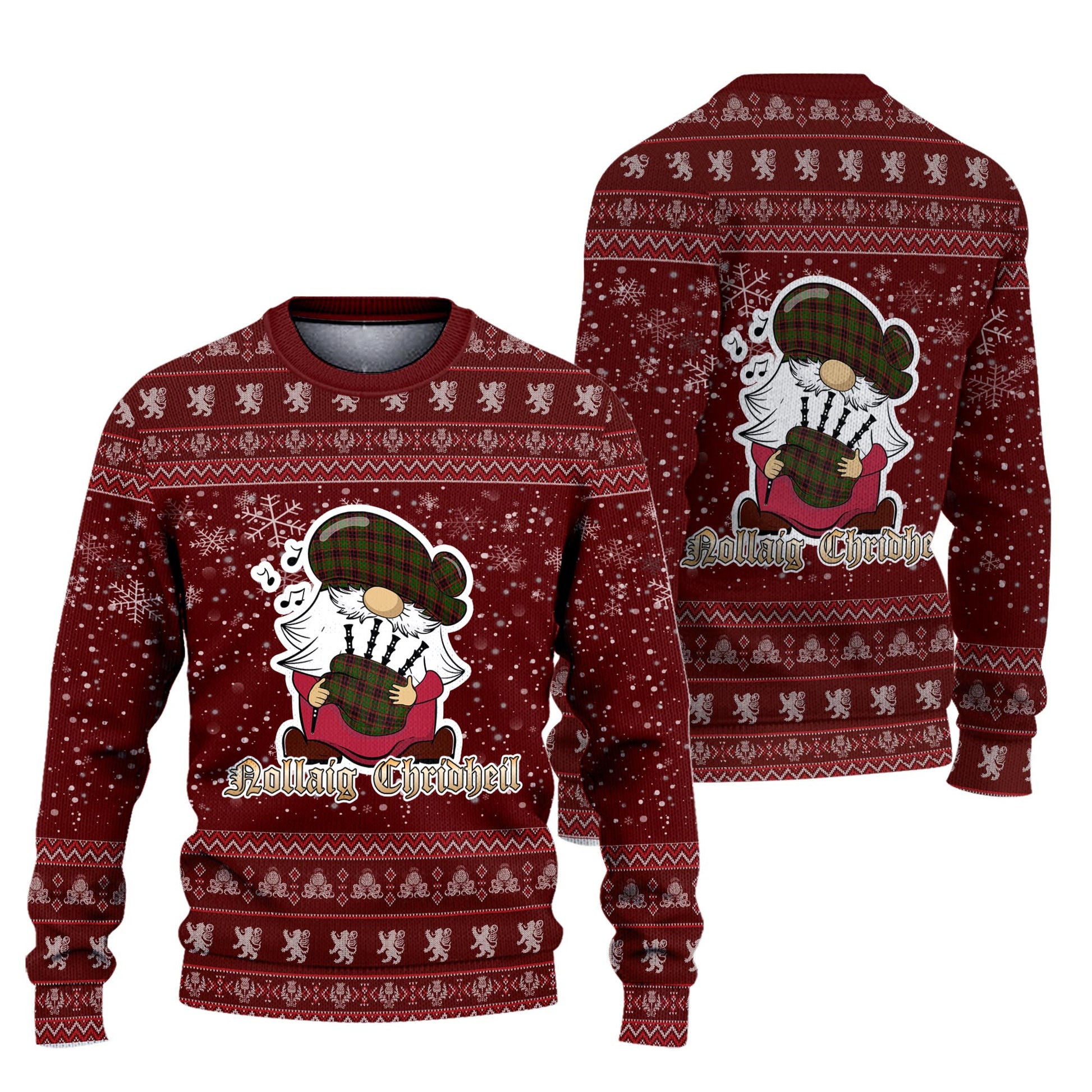 Buchan Modern Clan Christmas Family Knitted Sweater with Funny Gnome Playing Bagpipes Unisex Red - Tartanvibesclothing