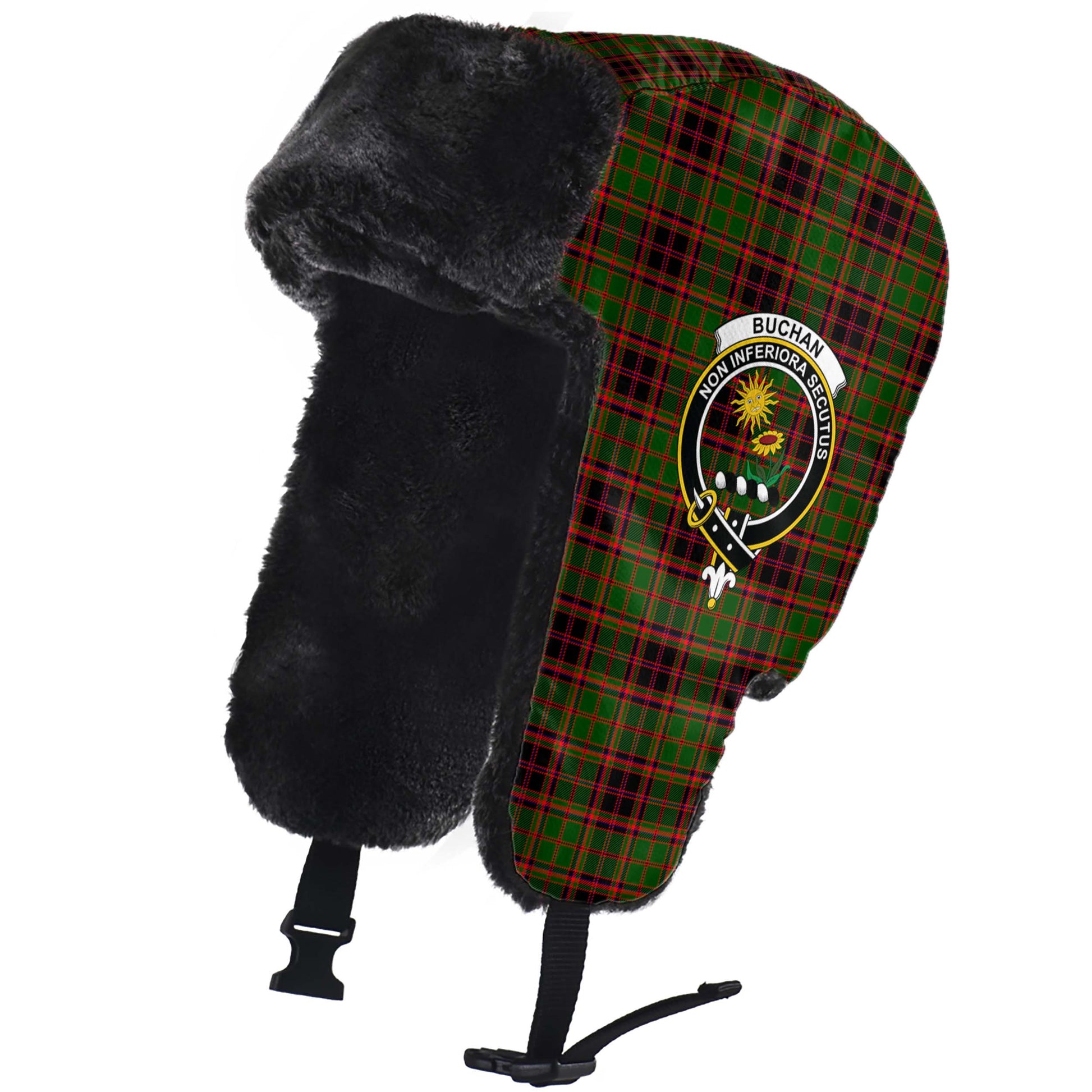 Buchan Modern Tartan Winter Trapper Hat with Family Crest - Tartanvibesclothing