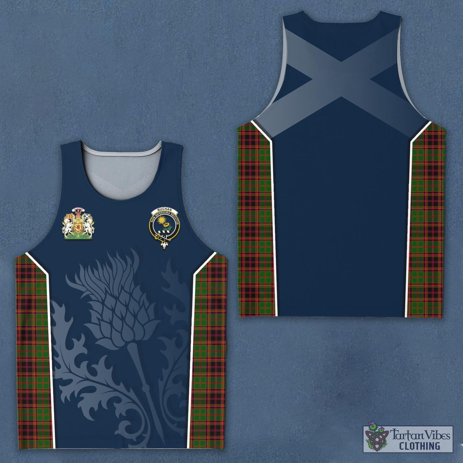 Tartan Vibes Clothing Buchan Modern Tartan Men's Tanks Top with Family Crest and Scottish Thistle Vibes Sport Style