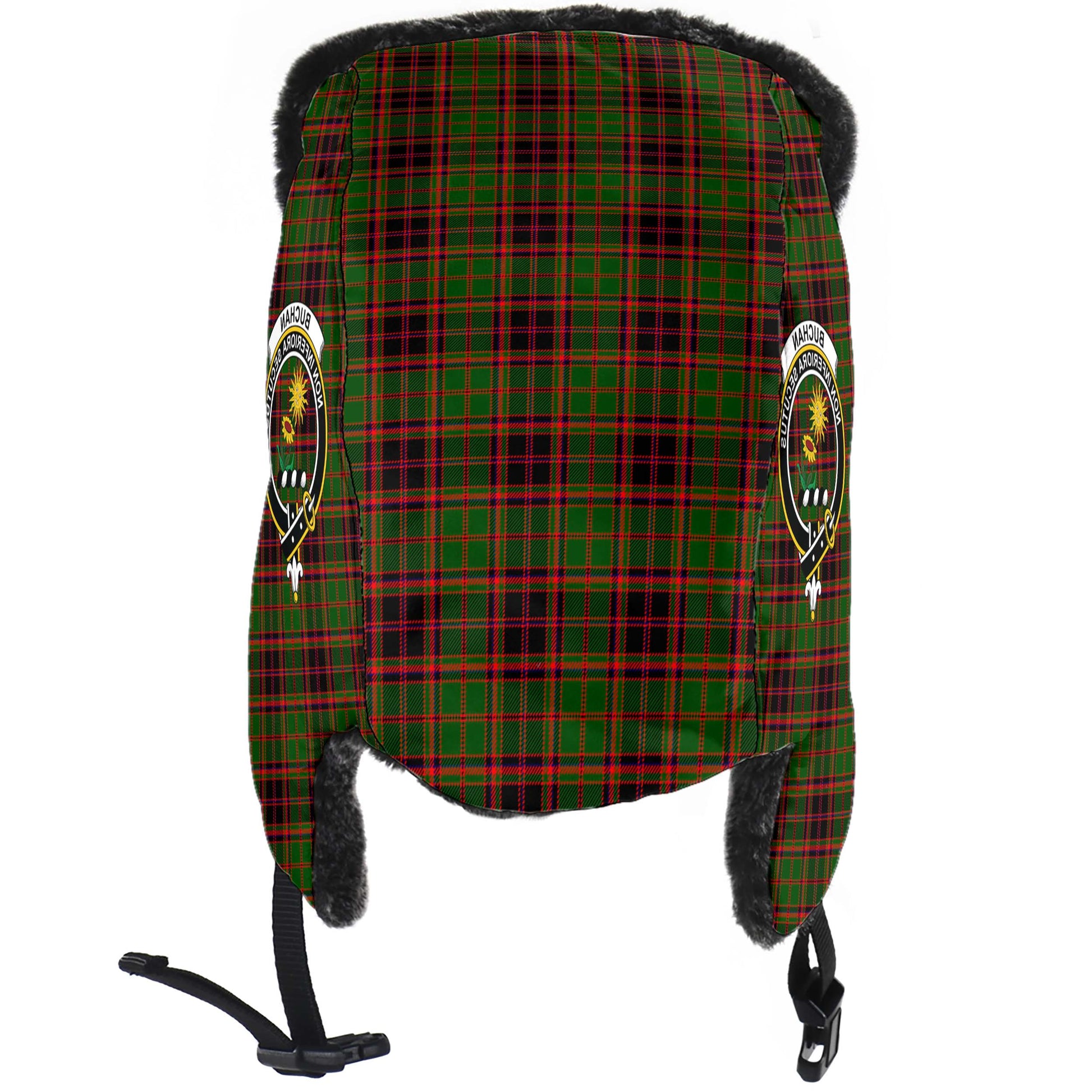 Buchan Modern Tartan Winter Trapper Hat with Family Crest - Tartanvibesclothing