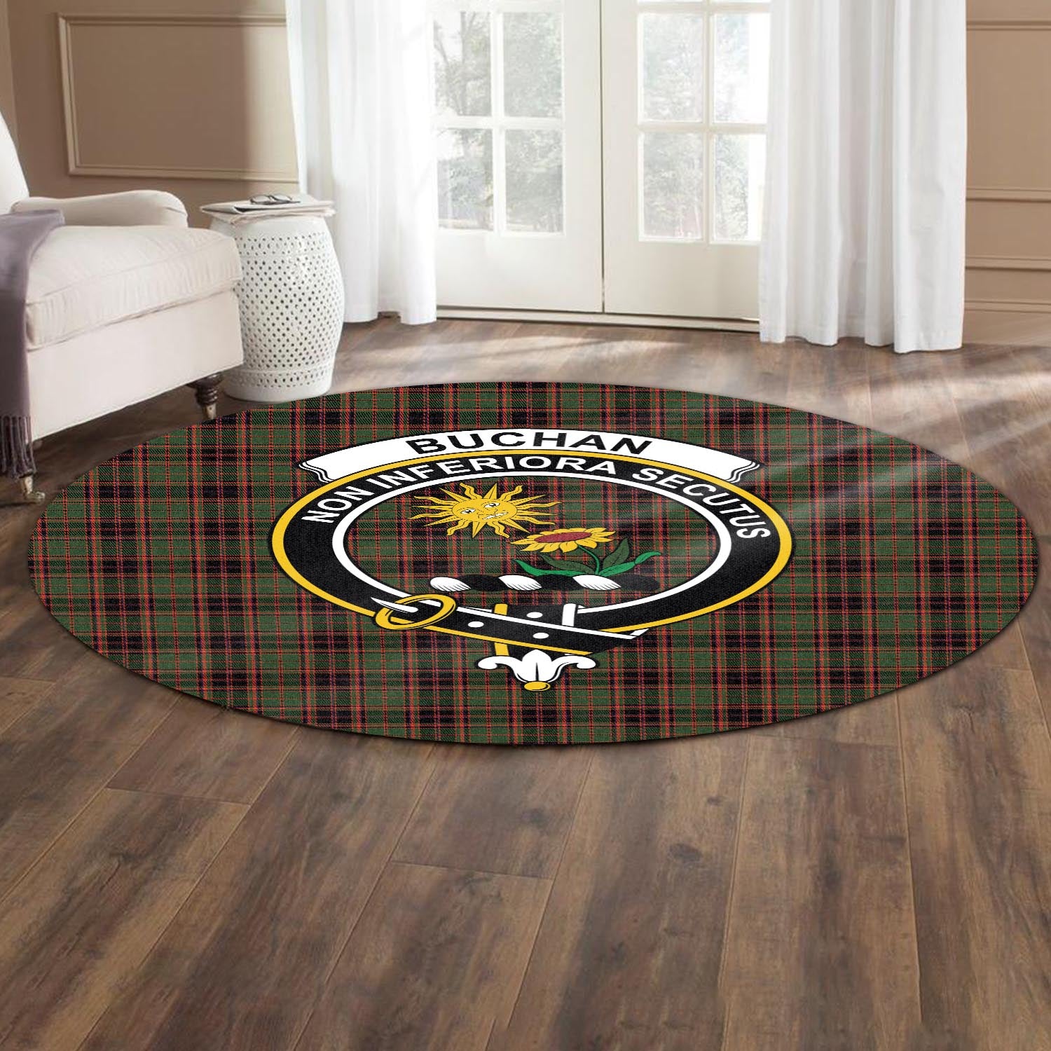 Buchan Modern Tartan Round Rug with Family Crest - Tartanvibesclothing