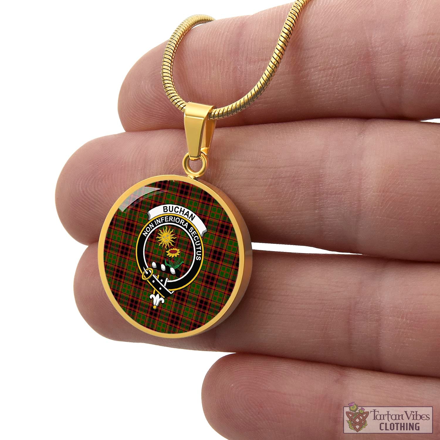 Tartan Vibes Clothing Buchan Modern Tartan Circle Necklace with Family Crest