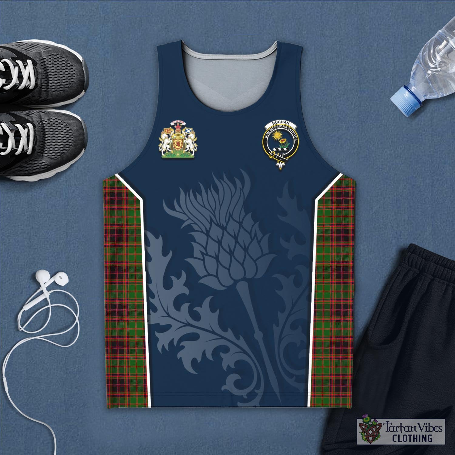 Tartan Vibes Clothing Buchan Modern Tartan Men's Tanks Top with Family Crest and Scottish Thistle Vibes Sport Style