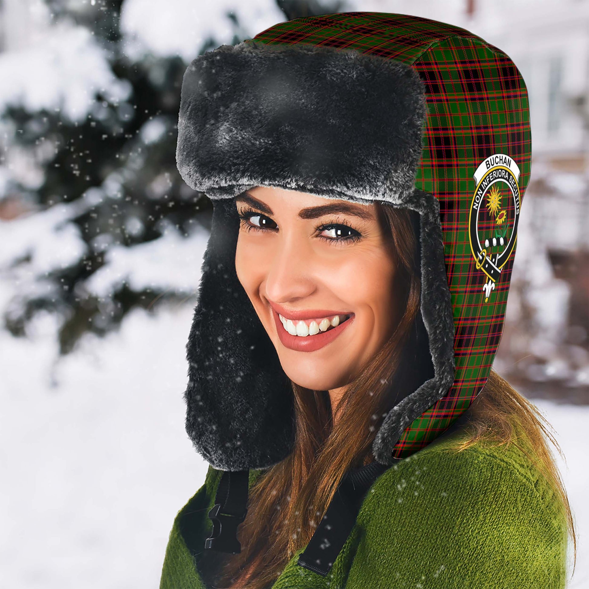 Buchan Modern Tartan Winter Trapper Hat with Family Crest - Tartanvibesclothing