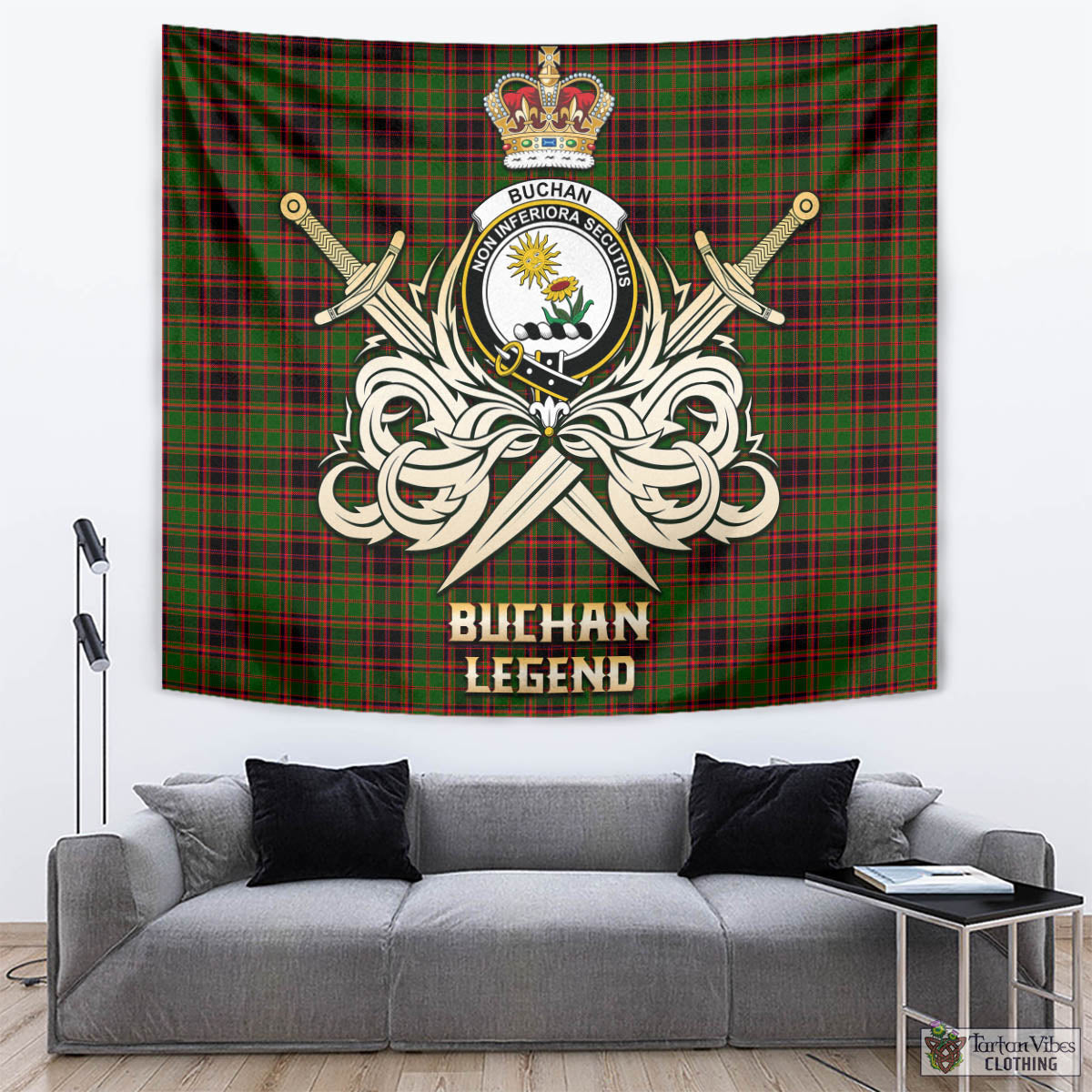 Tartan Vibes Clothing Buchan Modern Tartan Tapestry with Clan Crest and the Golden Sword of Courageous Legacy