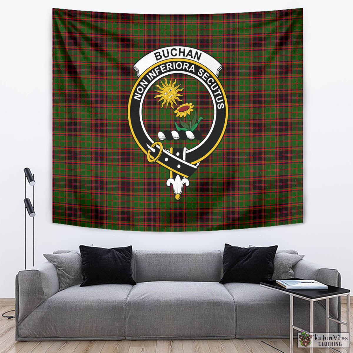 Tartan Vibes Clothing Buchan Modern Tartan Tapestry Wall Hanging and Home Decor for Room with Family Crest