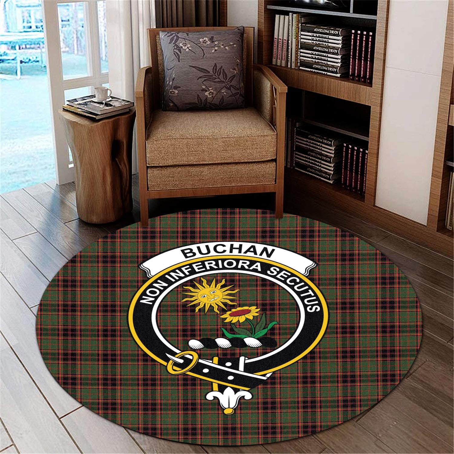 Buchan Modern Tartan Round Rug with Family Crest - Tartanvibesclothing