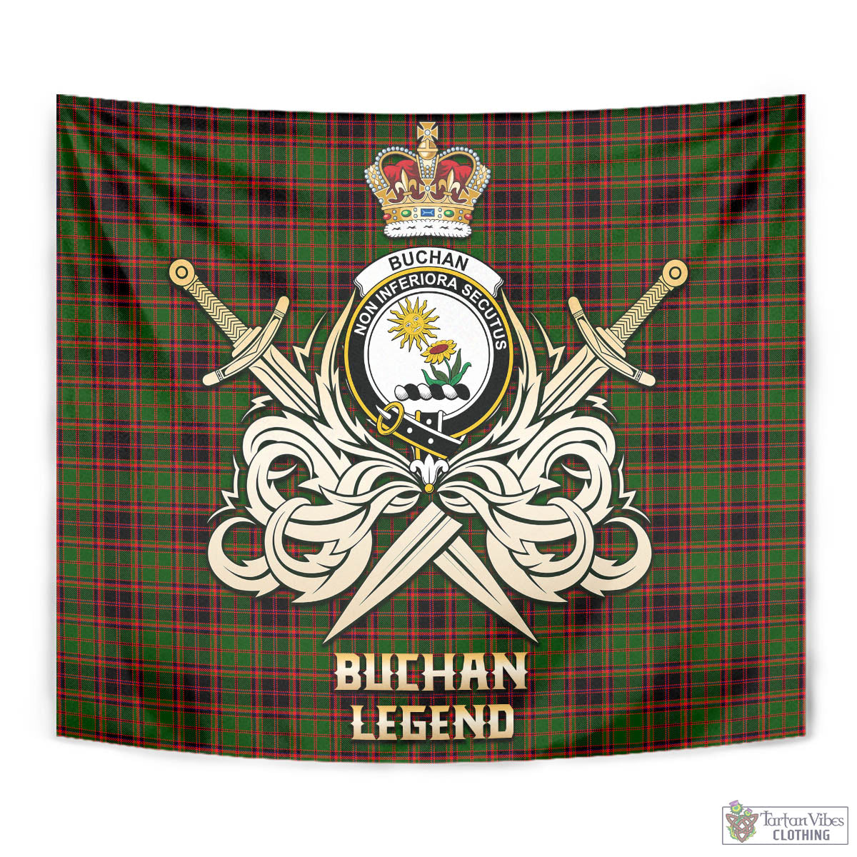 Tartan Vibes Clothing Buchan Modern Tartan Tapestry with Clan Crest and the Golden Sword of Courageous Legacy