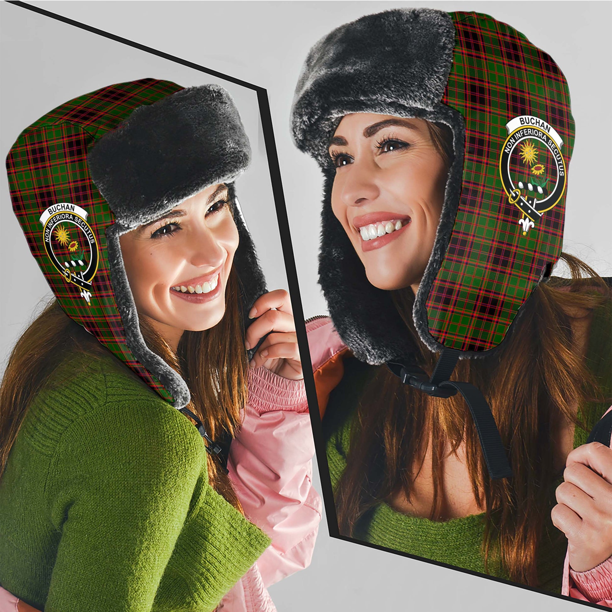 Buchan Modern Tartan Winter Trapper Hat with Family Crest - Tartanvibesclothing