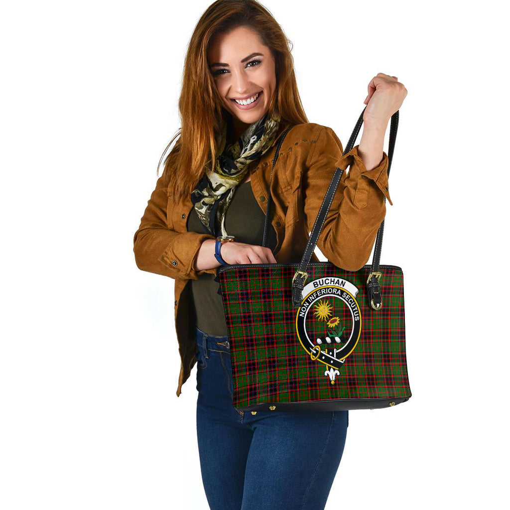 Buchan Modern Tartan Leather Tote Bag with Family Crest - Tartanvibesclothing