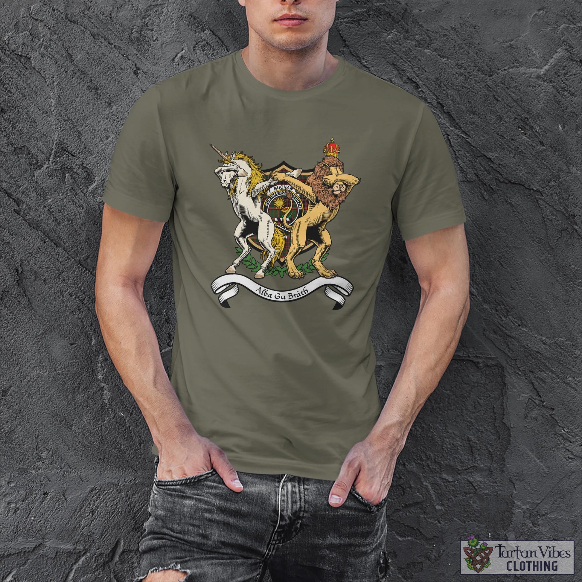 Tartan Vibes Clothing Buchan Modern Family Crest Cotton Men's T-Shirt with Scotland Royal Coat Of Arm Funny Style