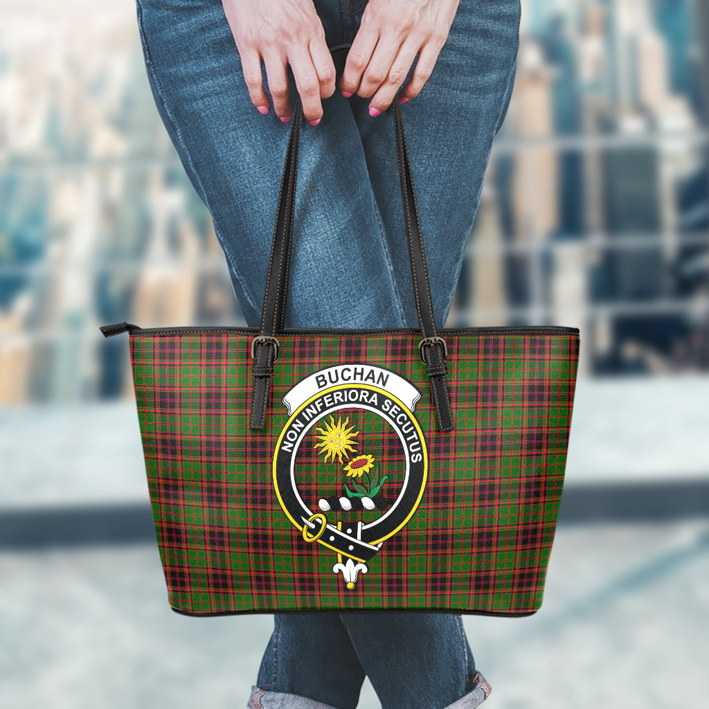 Buchan Modern Tartan Leather Tote Bag with Family Crest - Tartanvibesclothing