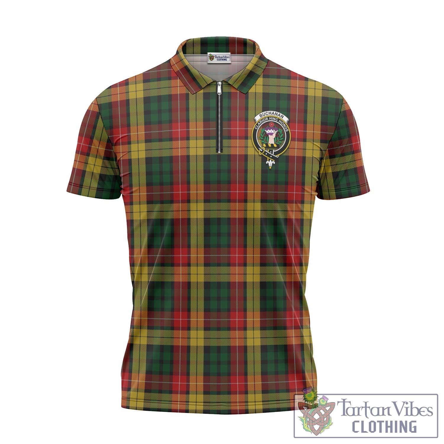 Tartan Vibes Clothing Buchanan Tartan Zipper Polo Shirt with Family Crest