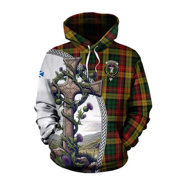 Buchanan Tartan Cotton Hoodie with Family Crest and St. Andrew's Cross Accented by Thistle Vines Pullover Hoodie XS - Tartan Vibes Clothing
