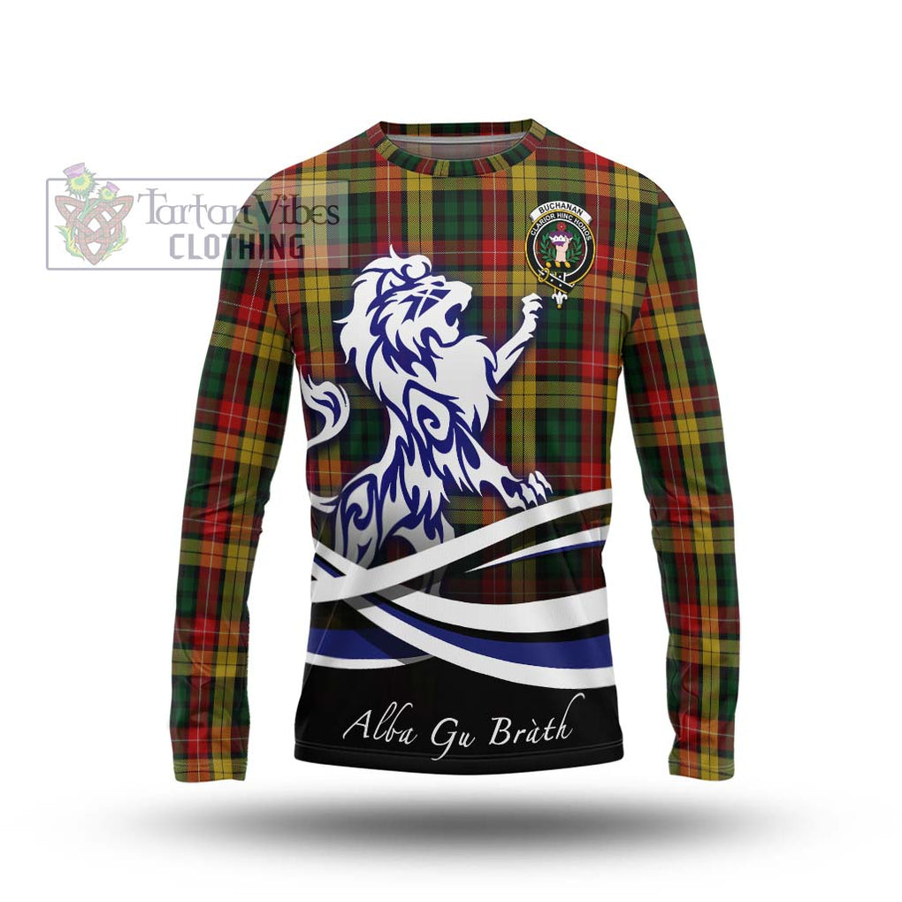 Buchanan Tartan Long Sleeve T-Shirt with Alba Gu Brath Regal Lion Emblem Unisex - Tartanvibesclothing Shop