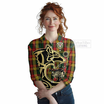 Buchanan Tartan Women's Casual Shirt with Family Crest Celtic Wolf Style