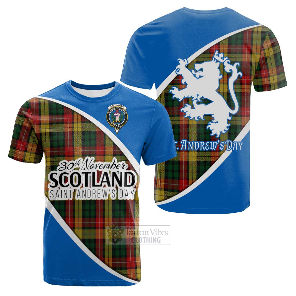 Tartan Vibes Clothing Buchanan Family Crest Tartan Cotton T-shirt Celebrate Saint Andrew's Day in Style