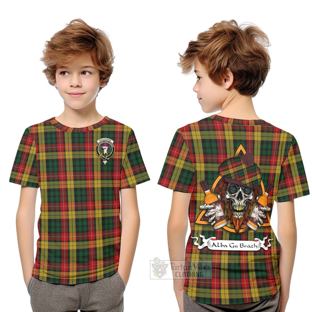 Tartan Vibes Clothing Buchanan Tartan Kid T-Shirt with Family Crest and Bearded Skull Holding Bottles of Whiskey