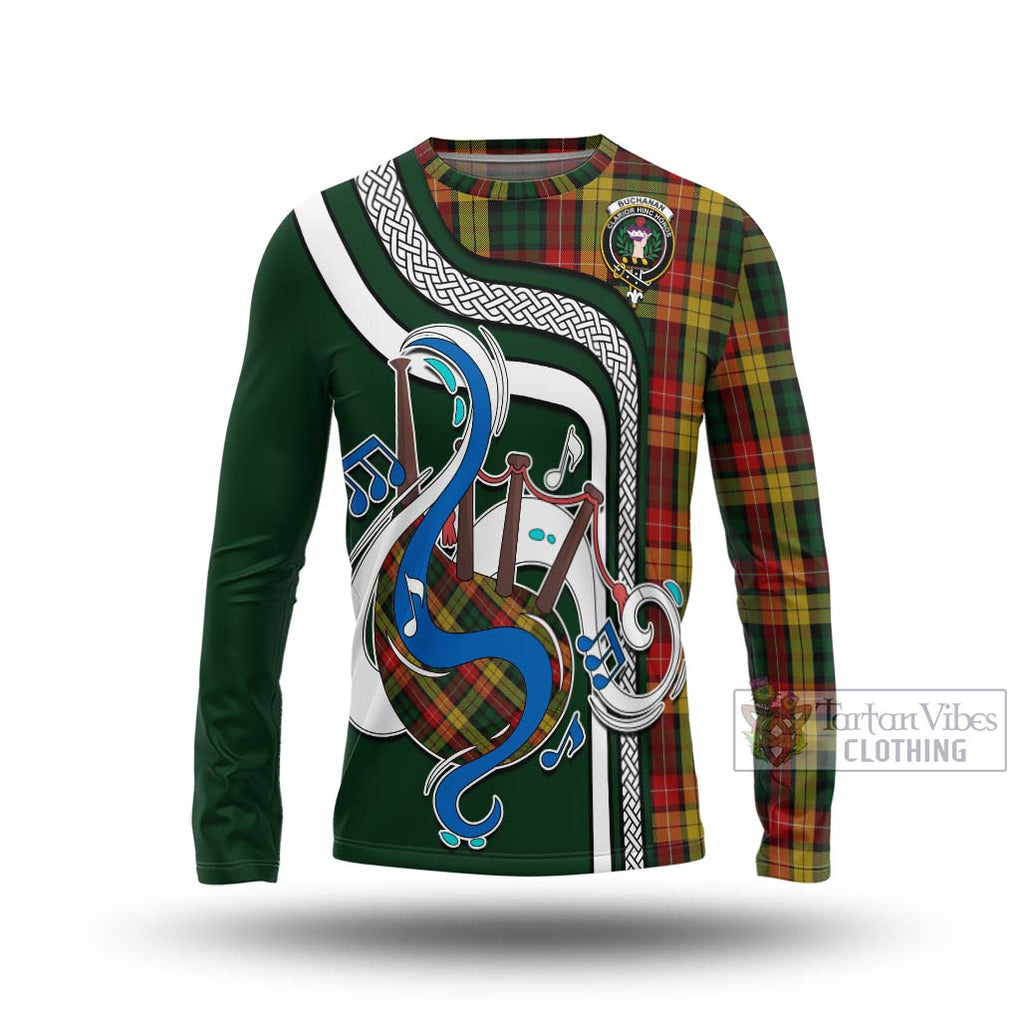 Tartan Vibes Clothing Buchanan Tartan Long Sleeve T-Shirt with Epic Bagpipe Style